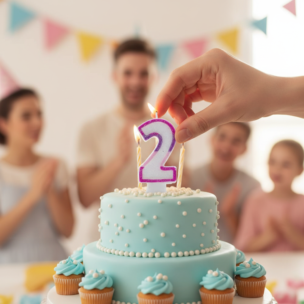 Hand placing pink glitter number 2 birthday candle onto a birthday cake, warm bokeh background