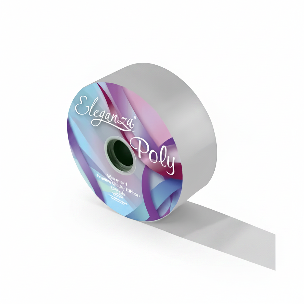 Eleganza Poly Ribbon 50mm x 91m (100yds) in Silver – full spool on white studio background