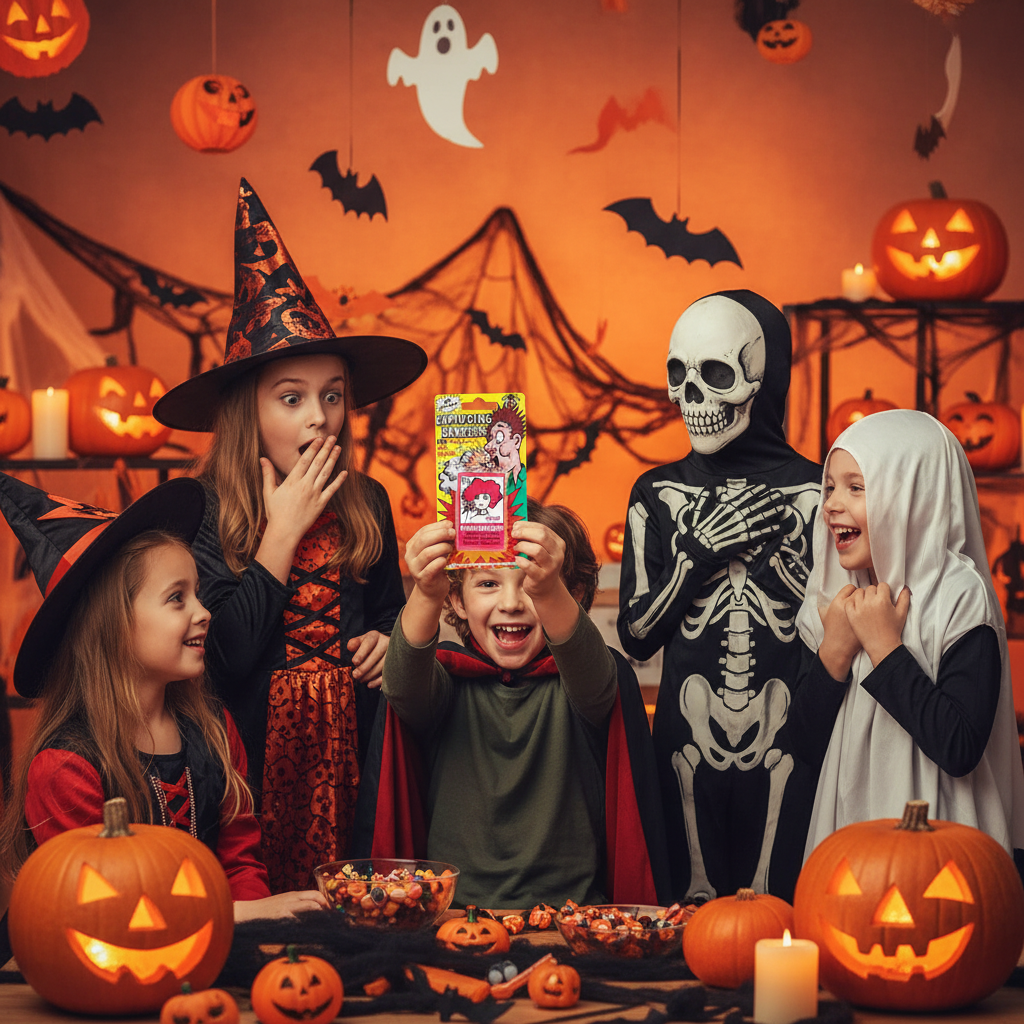Children in Halloween costumes laughing with joke exploding cigarette bangers novelty prank toy