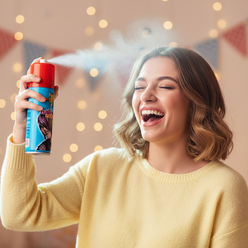 Party Success Red Temporary Hair Colour Spray - candid human interaction, woman spraying hair