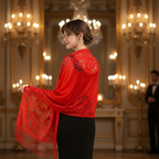 Woman wearing red lace pashmina shawl at an elegant evening gala event