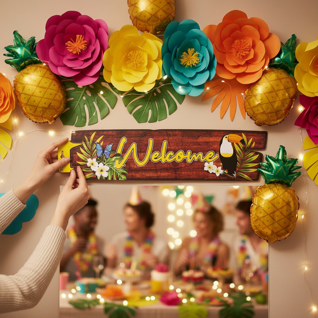 Cardboard Hawaiian Welcome Sign hung on wall at indoor luau birthday party with tropical decorations