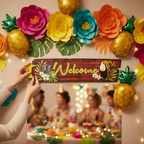 Cardboard Hawaiian Welcome Sign hung on wall at indoor luau birthday party with tropical decorations