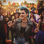 Young woman with edgy punk styling wearing multiple silver chrome clip-on fake hoop piercings on nose, lip, eyebrow and ear at a vibrant Halloween or fancy dress party, golden hour cinematic light