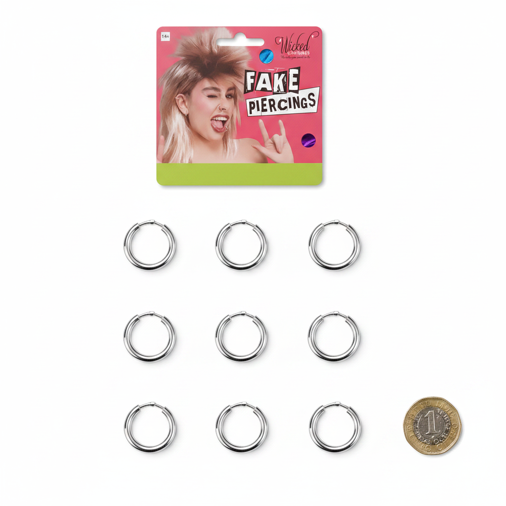 Fake Piercings Set 8-Pack flat lay showing all 8 silver chrome clip-on hoop rings individually arranged on white background with a £1 coin for scale and hot pink blister card packaging