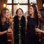 Group of women on a hen party night out, one wearing a black feather boa in a stylish bar