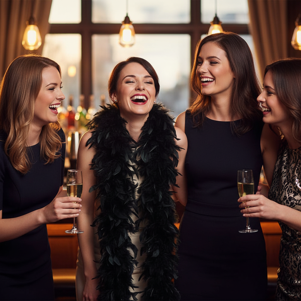 Group of women on a hen party night out, one wearing a black feather boa in a stylish bar