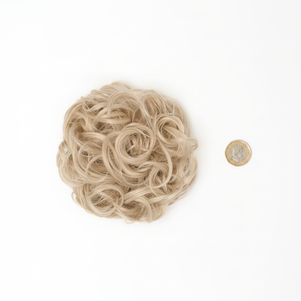 Flat lay of warm blonde curly messy hair bun beside a £1 coin showing product size, clean white background with soft overhead lighting