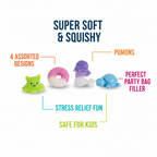 Squishy squeeze toys feature infographic showing super soft slow-rise foam, 4 assorted designs, stress relief, party bag filler and safe for kids callouts