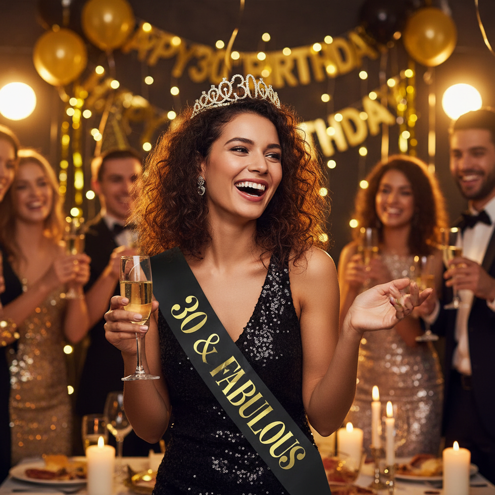 Happy woman wearing gold 30th birthday tiara and 30 And Fabulous sash celebrating at glamorous party