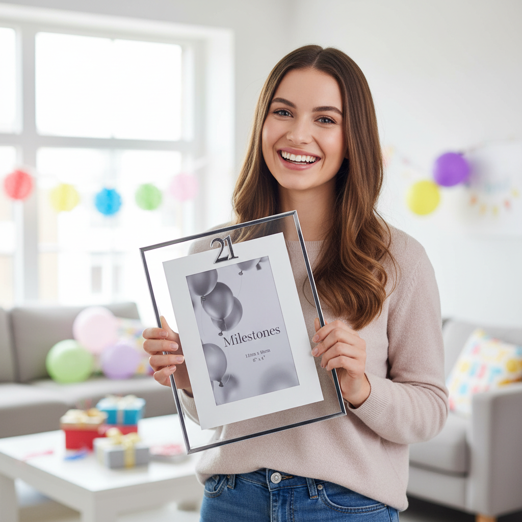 Young woman smiling and holding Milestones Silver Age 21 Photo Frame as a birthday gift