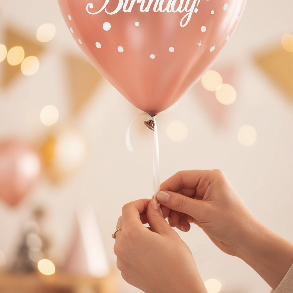 Hands tying ribbon on a rose gold chrome metallic Happy Birthday latex balloon with white polka dots - candid party moment