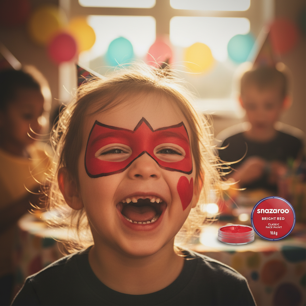 Happy child with bright red Snazaroo face paint design laughing at a birthday party, golden hour light
