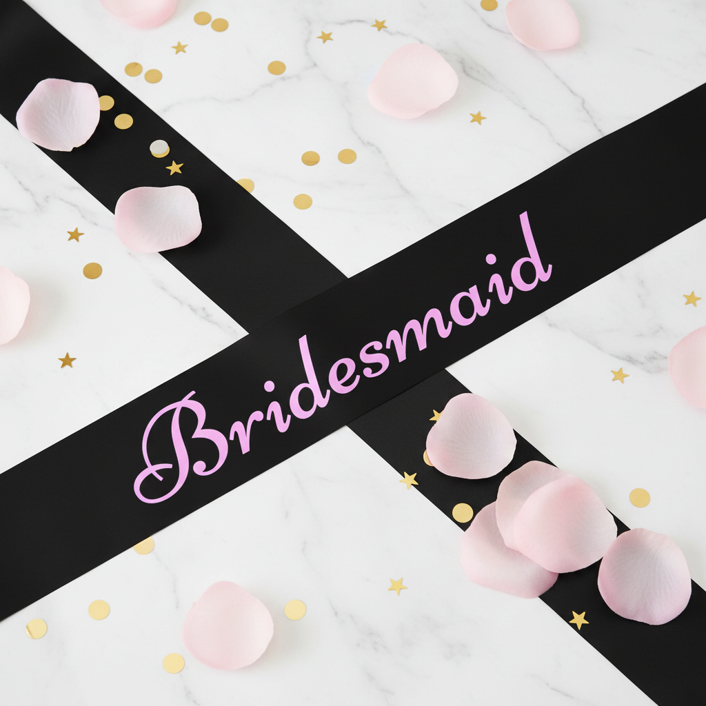 Black hen party bridesmaid sash with pink writing displayed on white marble with rose petals and gold confetti
