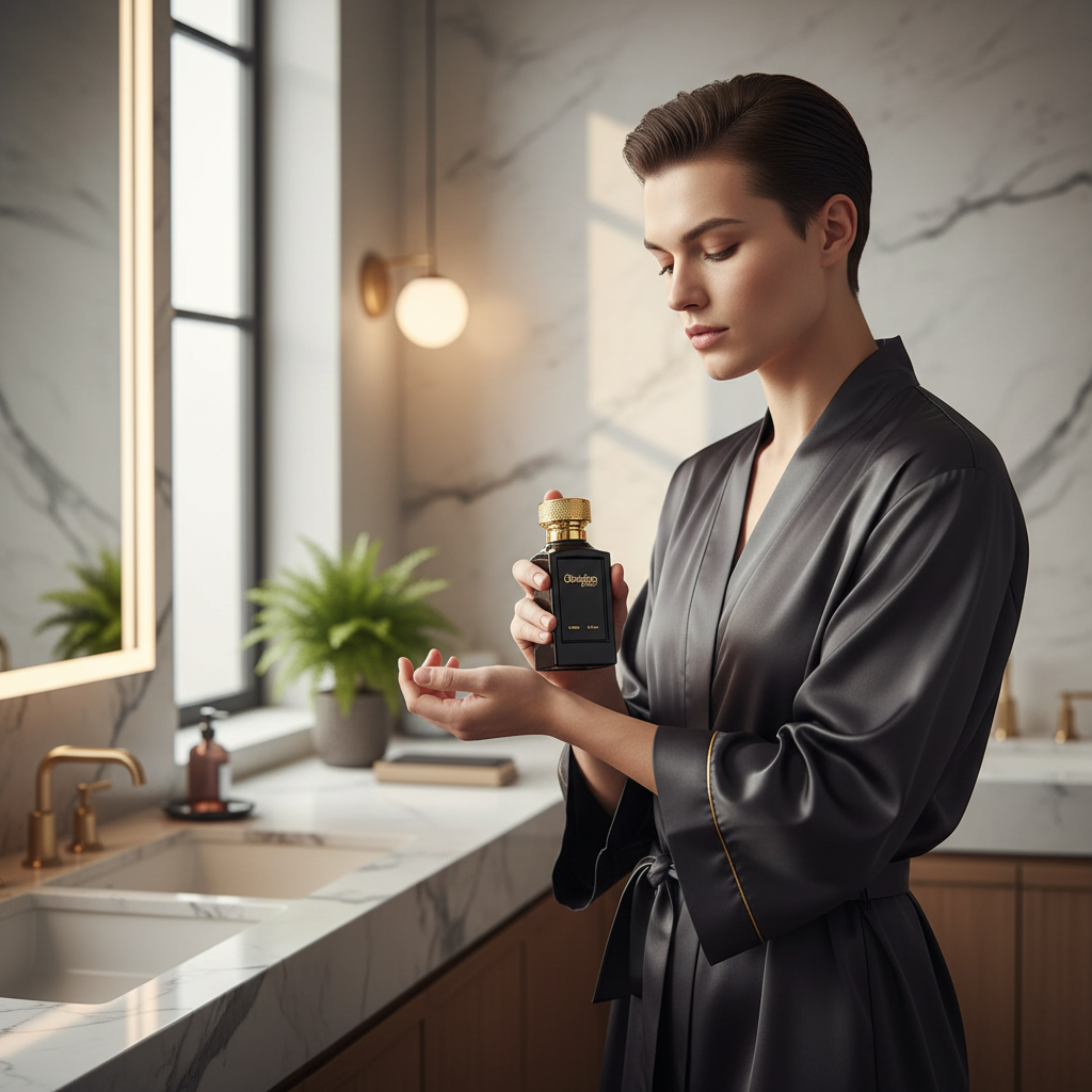 Person applying Fine Perfumery Obsidian Oud unisex fragrance in elegant bathroom setting