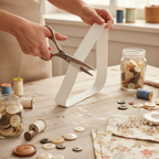 Hands cutting soft white elastic band with fabric scissors on a wooden craft table