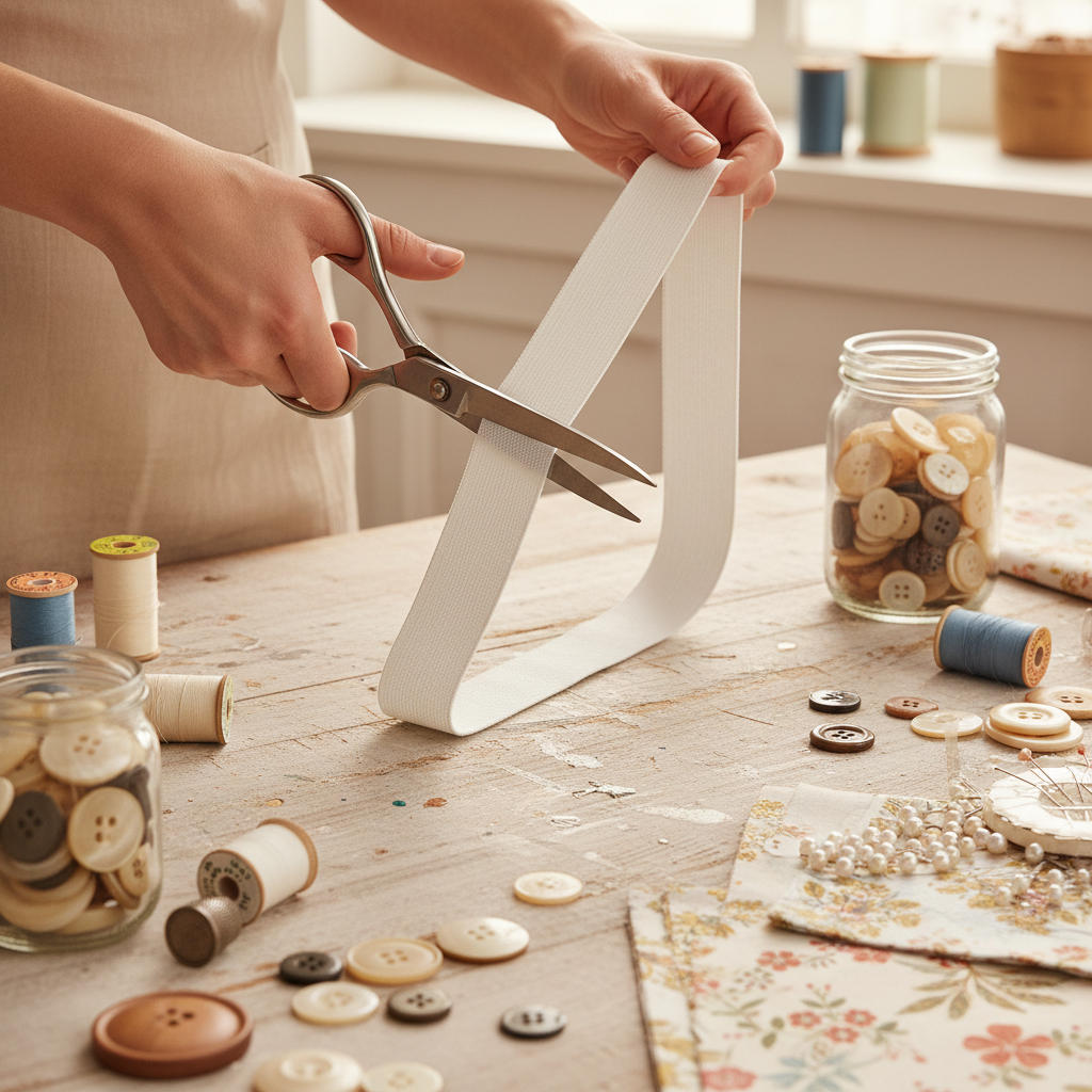 Hands cutting soft white elastic band with fabric scissors on a wooden craft table