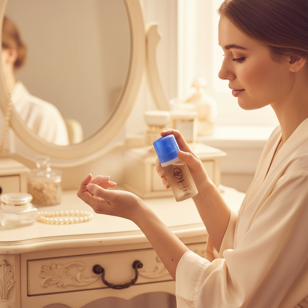 Woman spritzing Taylor of London Lace EDP onto her wrist, candid lifestyle shot with bokeh background