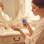 Woman spritzing Taylor of London Lace EDP onto her wrist, candid lifestyle shot with bokeh background
