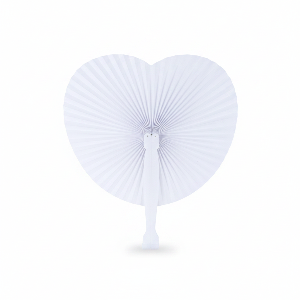 White heart paper fan with white plastic handle 14.5cm studio shot on white background