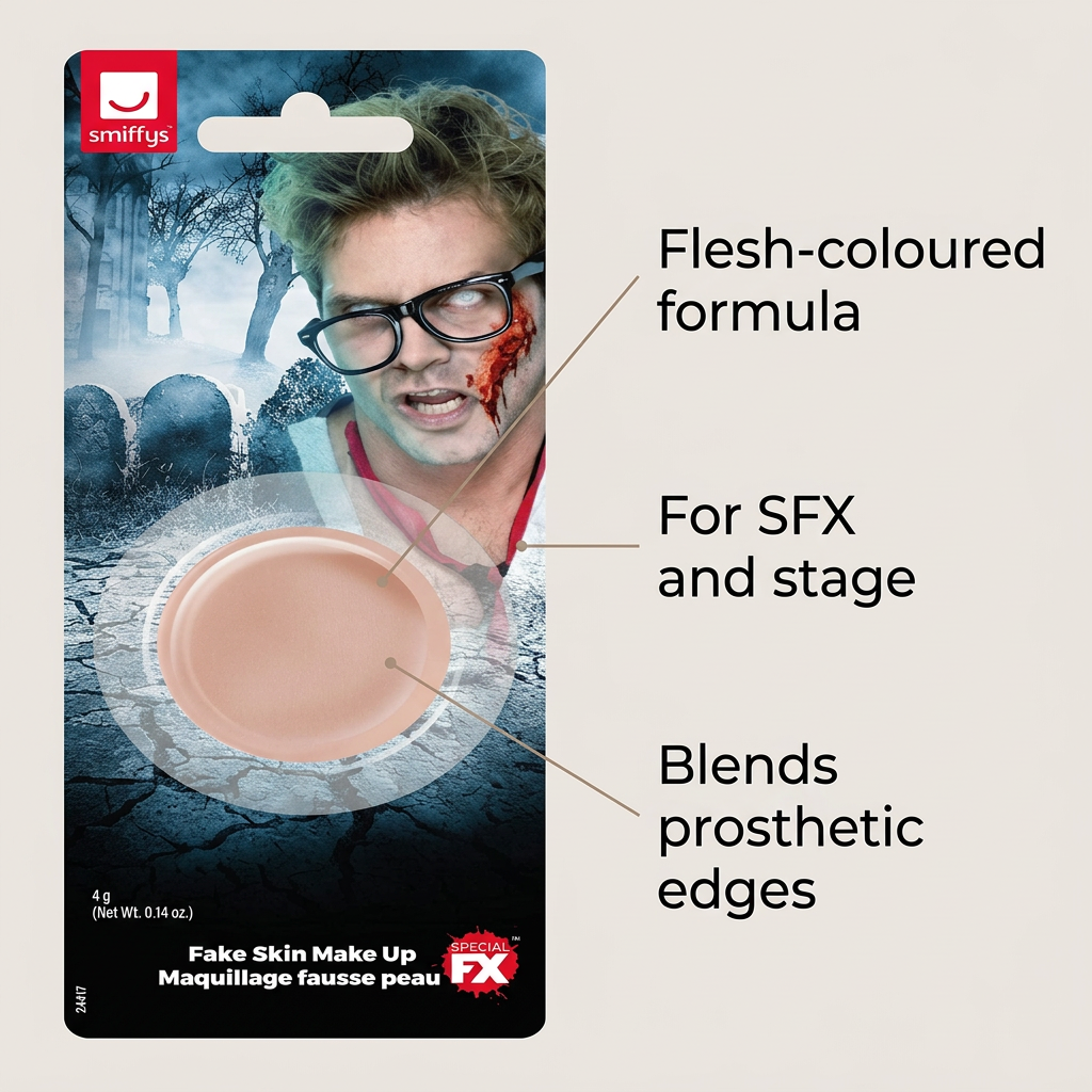 Smiffys Fake Skin Make Up infographic with flesh-coloured formula, SFX and stage use and prosthetic edge blending