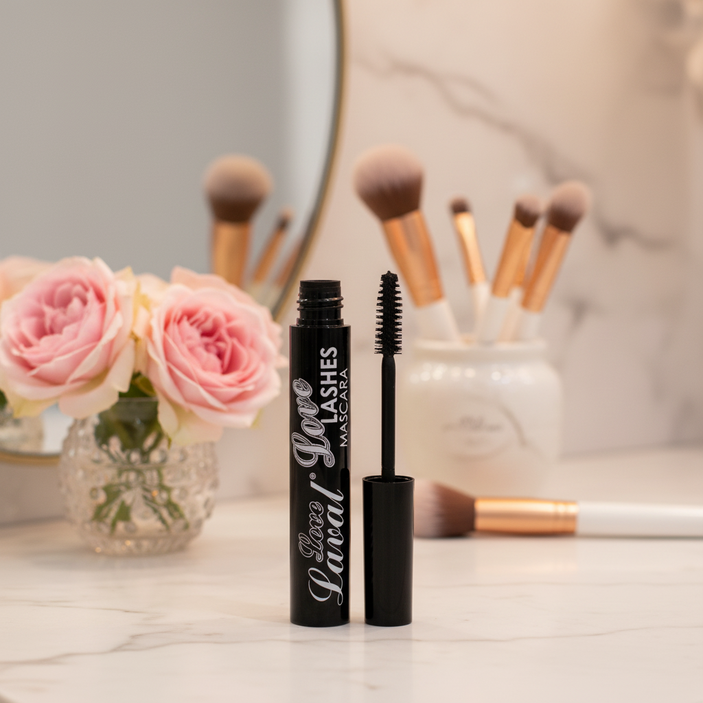Laval Love Lashes Black Mascara 8ml on luxury beauty vanity with roses