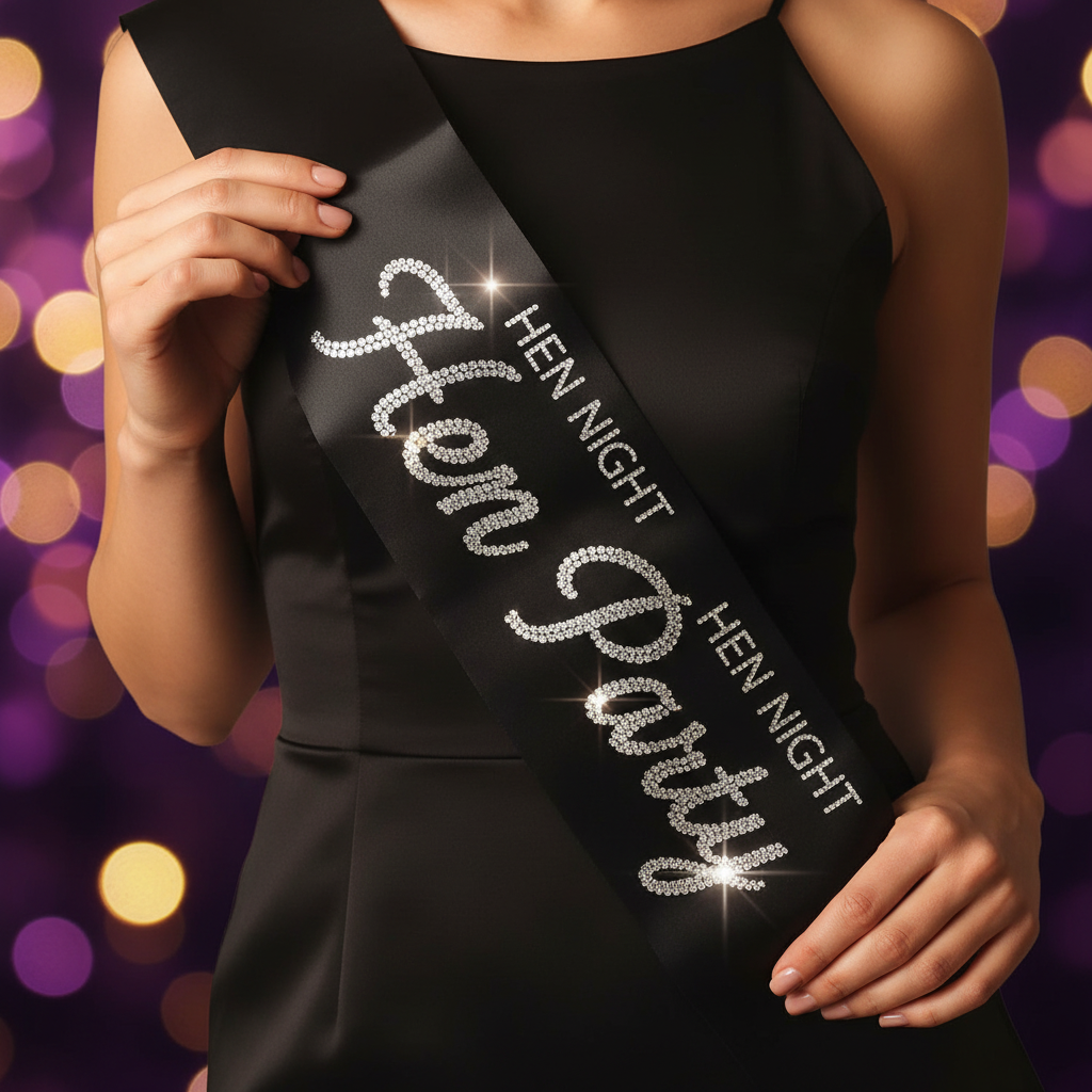 Close-up of black satin hen party sash with sparkling diamante embellishments held in hands against party bokeh