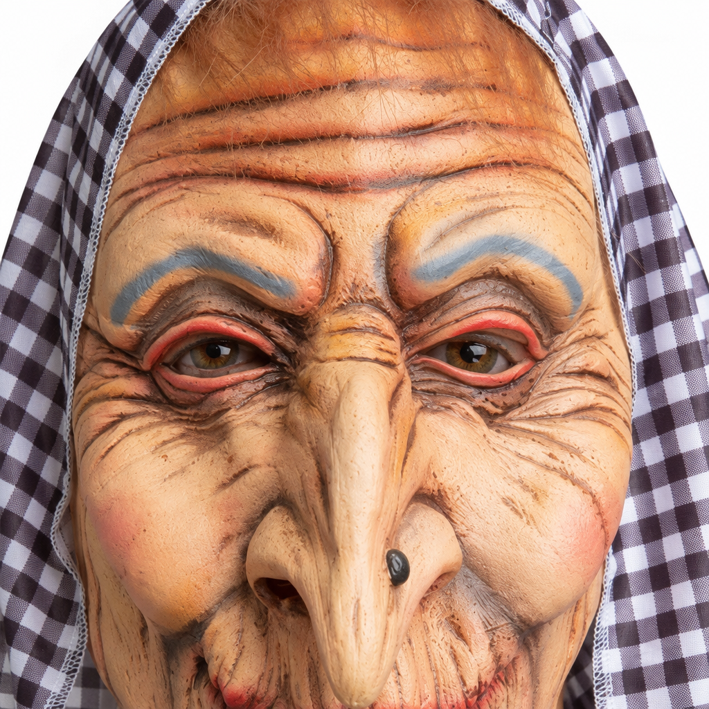 Close-up of the old hag mask's wrinkled forehead, eyes and hooked nose