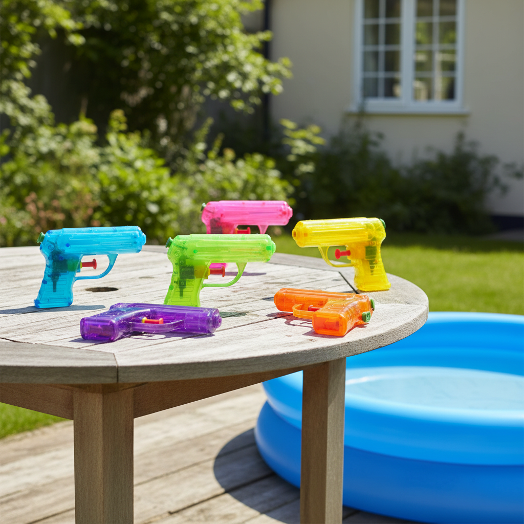 Six assorted neon water pistols arranged on a wooden garden table beside a paddling pool in a sunny backyard
