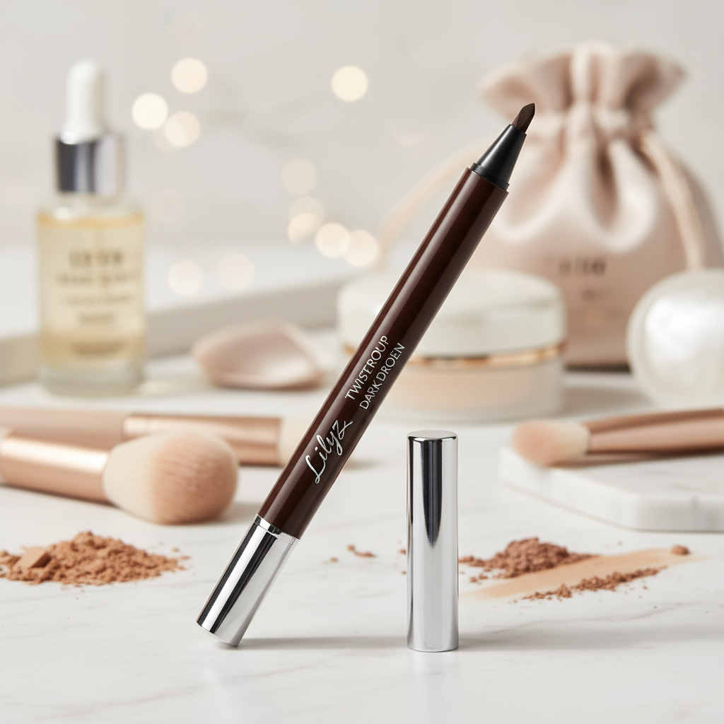 Lilyz Twist Up Waterproof Dark Brown Eye Liner Pencil product shot with luxury beauty background