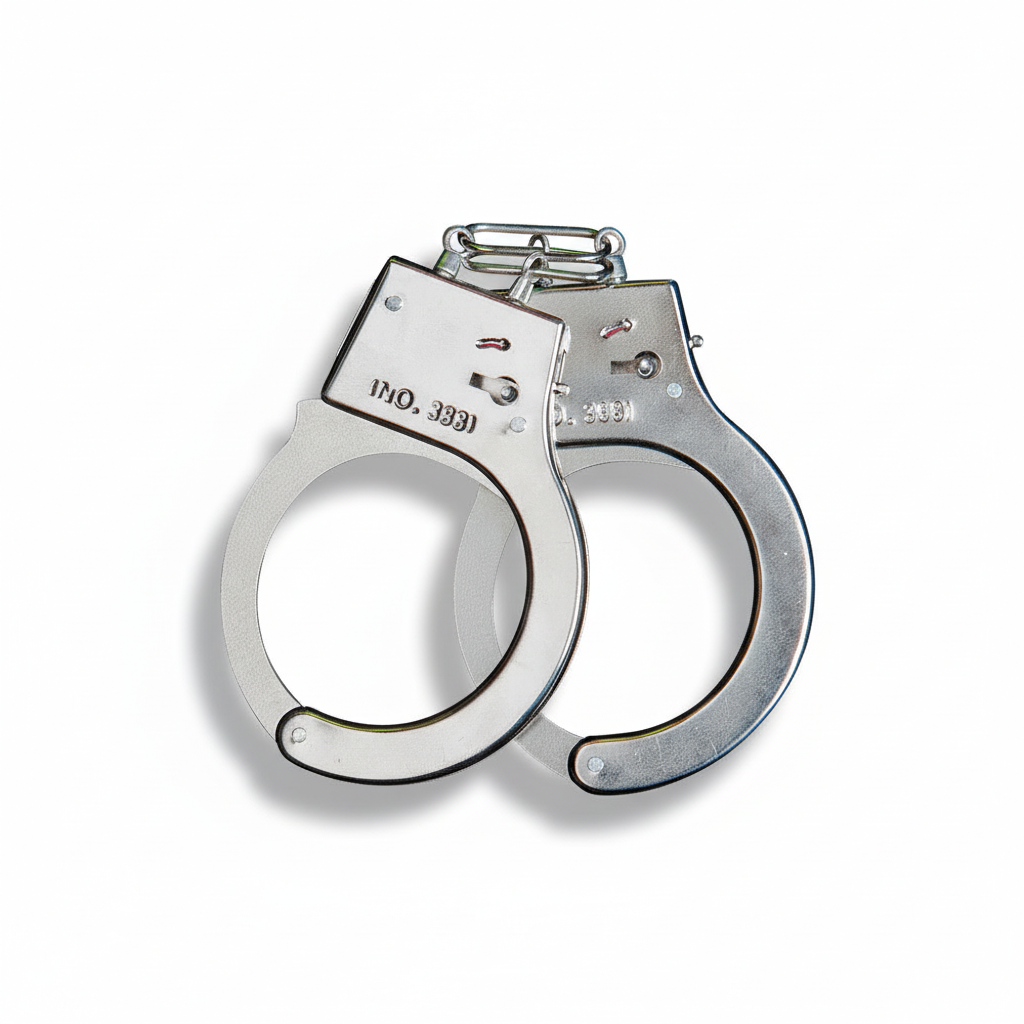 Metal fancy dress handcuffs with silver finish and chain link - professional product shot
