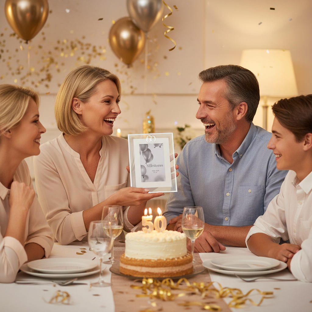 Family celebrating a 50th birthday presenting a silver milestone photo frame as a gift