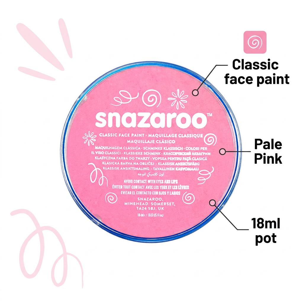 Snazaroo Pale Pink face paint infographic identifying the Classic range, shade and 18ml pot