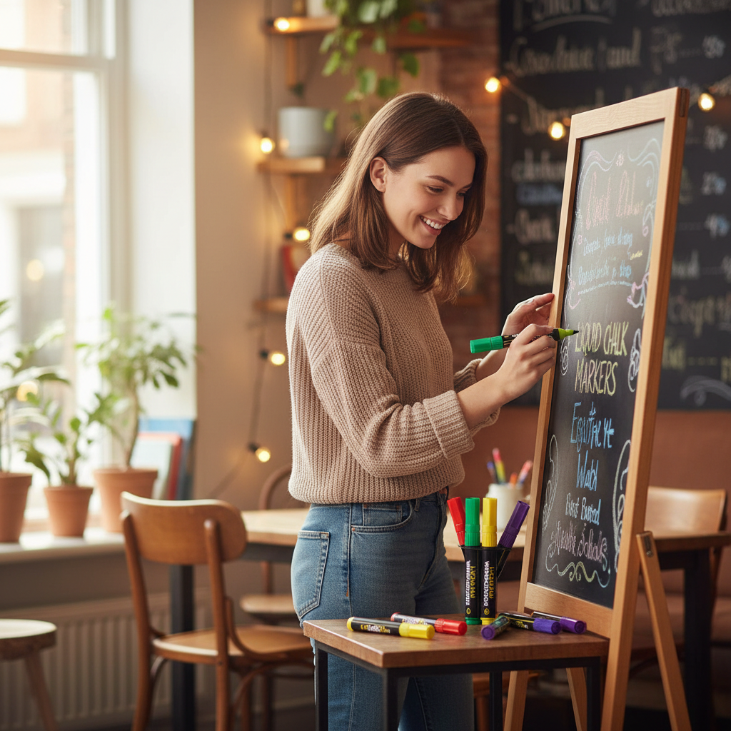 Woman using liquid chalk marker pens to write on cafe chalkboard menu sign