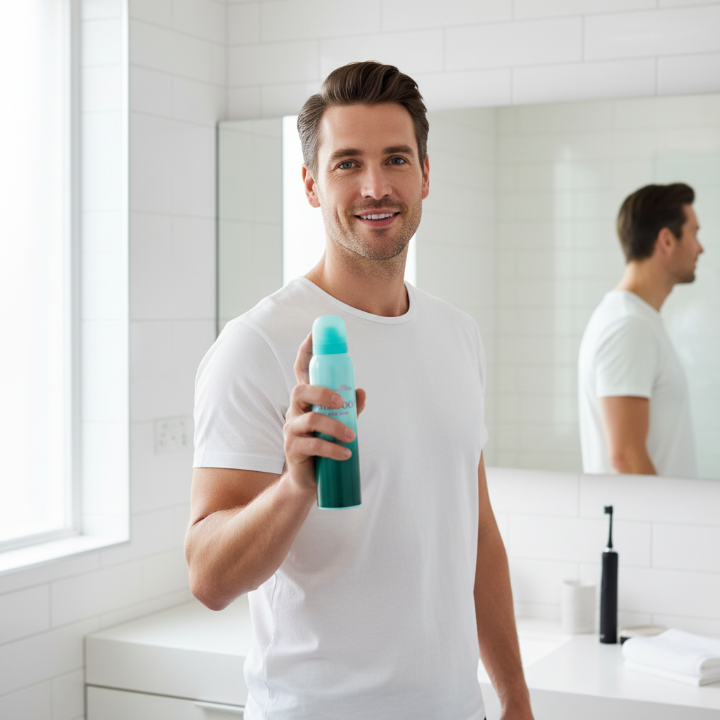 man-using-milton-lloyd-me-too-body-spray-morning-routine