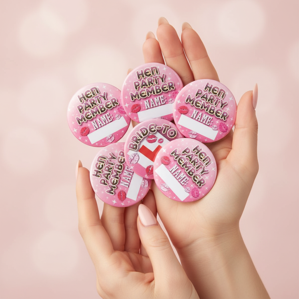 Close-up of manicured hands fanning out all 6 Hen Night Bachelorette Badges showing the fun playful designs