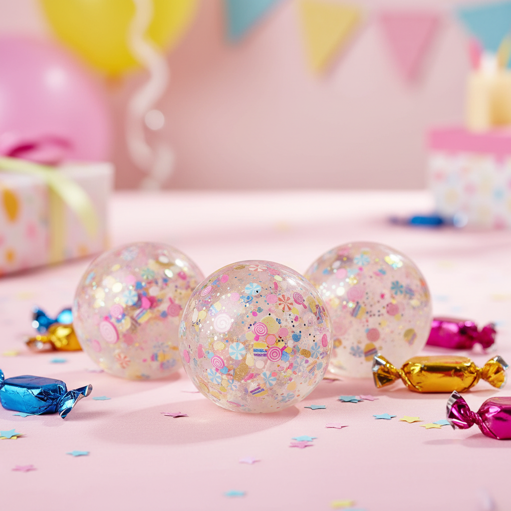 Three Scrunchems Party confetti squish balls on pink birthday party table as party bag fillers with sweets and decorations