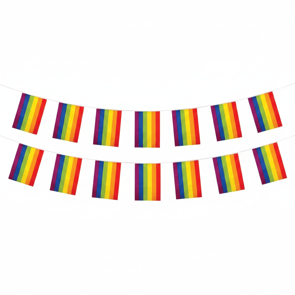 Rainbow Gay Pride Bunting 11 rectangular flags on white background, studio hero shot, Amazon compliant