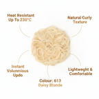 Feature infographic for 613 Daisy platinum blonde curly messy hair bun showing heat resistance, texture, volume, lightweight comfort and colour callouts