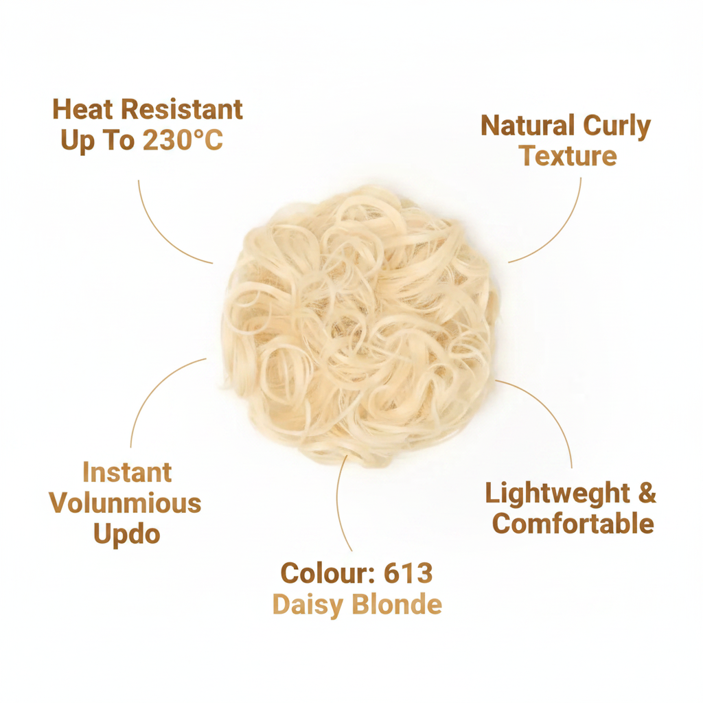 Feature infographic for 613 Daisy platinum blonde curly messy hair bun showing heat resistance, texture, volume, lightweight comfort and colour callouts