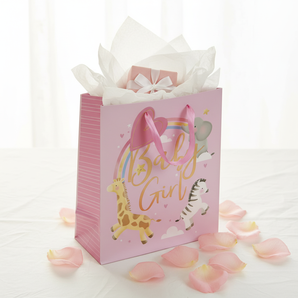 Pink baby girl gift bag filled with tissue paper and gift