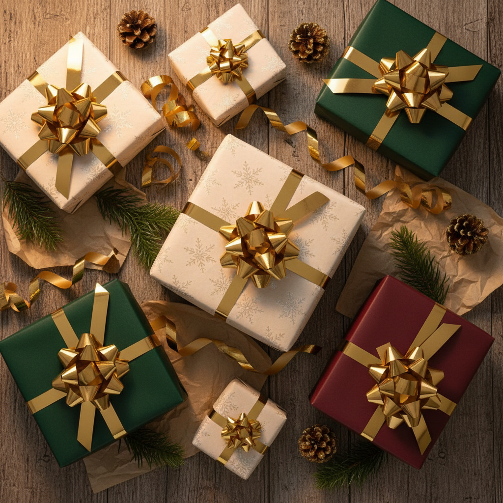 Flat lay of Christmas gifts decorated with metallic gold pull bows on a rustic wooden table