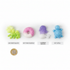 Flat lay of four squishy squeeze toys beside a £1 coin showing scale, on white background