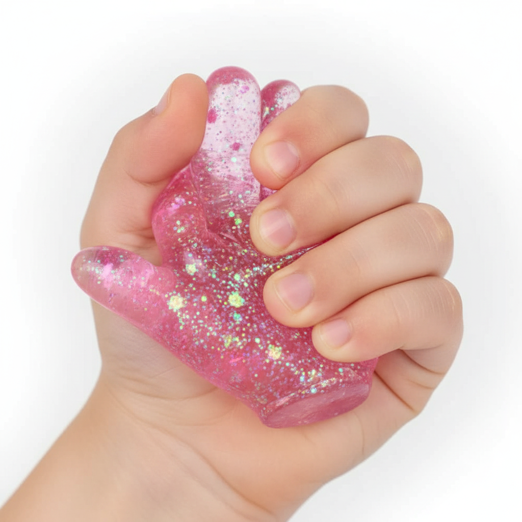 Close-up of child's hand squeezing the fingers of a pink Stretch and Squeeze Hand Gel Toy showing glitter gel shifting inside