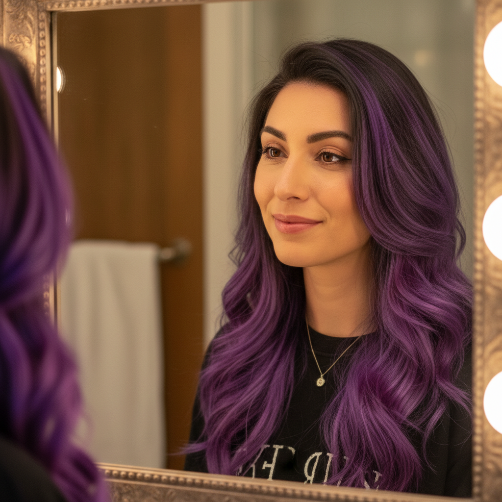 Woman with beautiful vibrant purple hair streaks looking confidently in mirror - hair colour result
