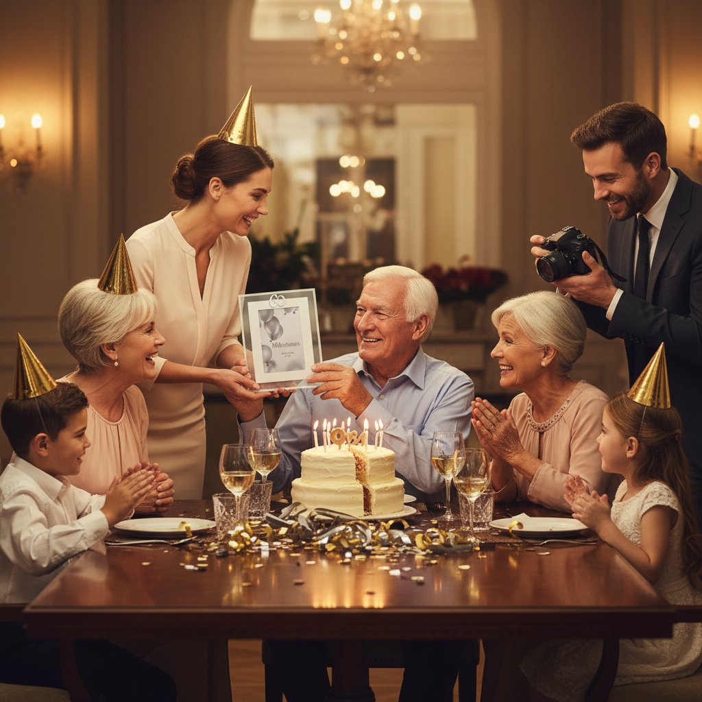 Family celebrating a 60th birthday presenting a silver milestone photo frame as a gift