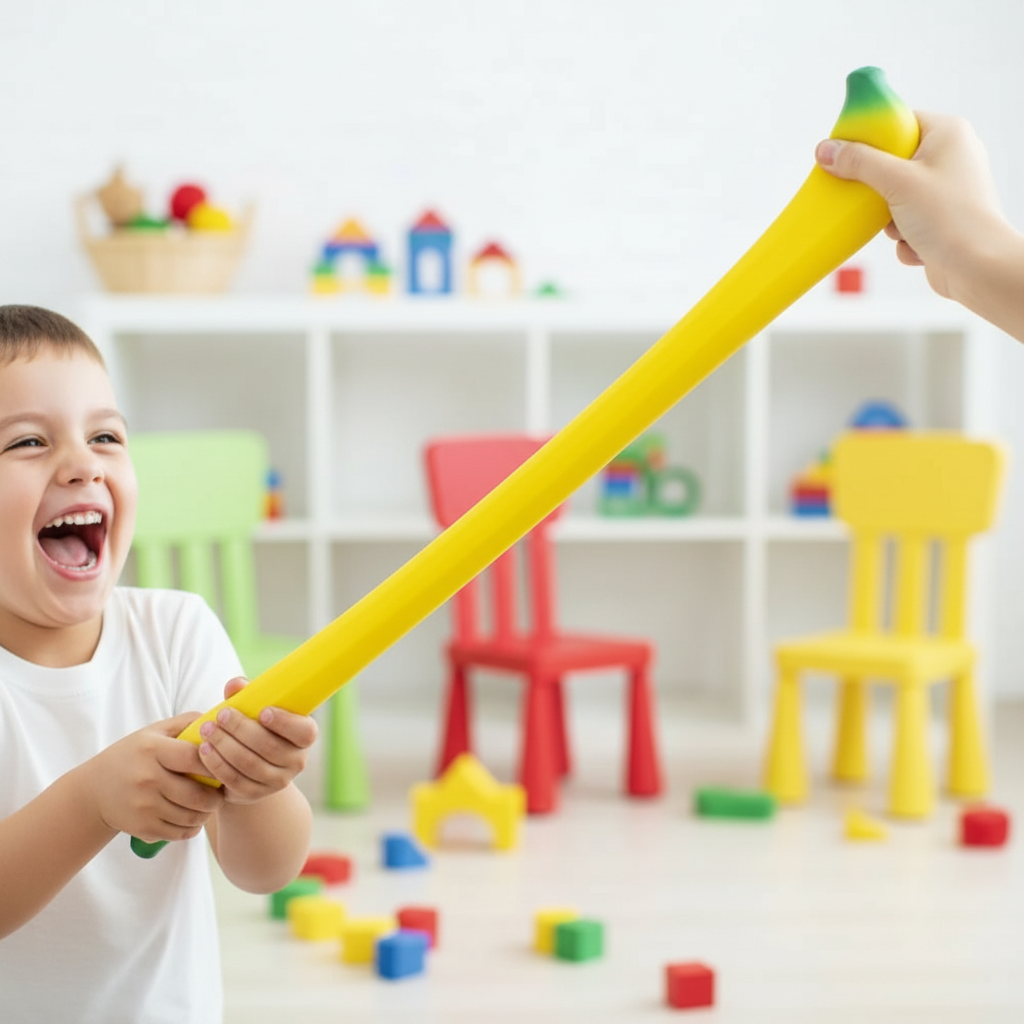 Two children stretching squishy banana toy from both ends laughing in playroom