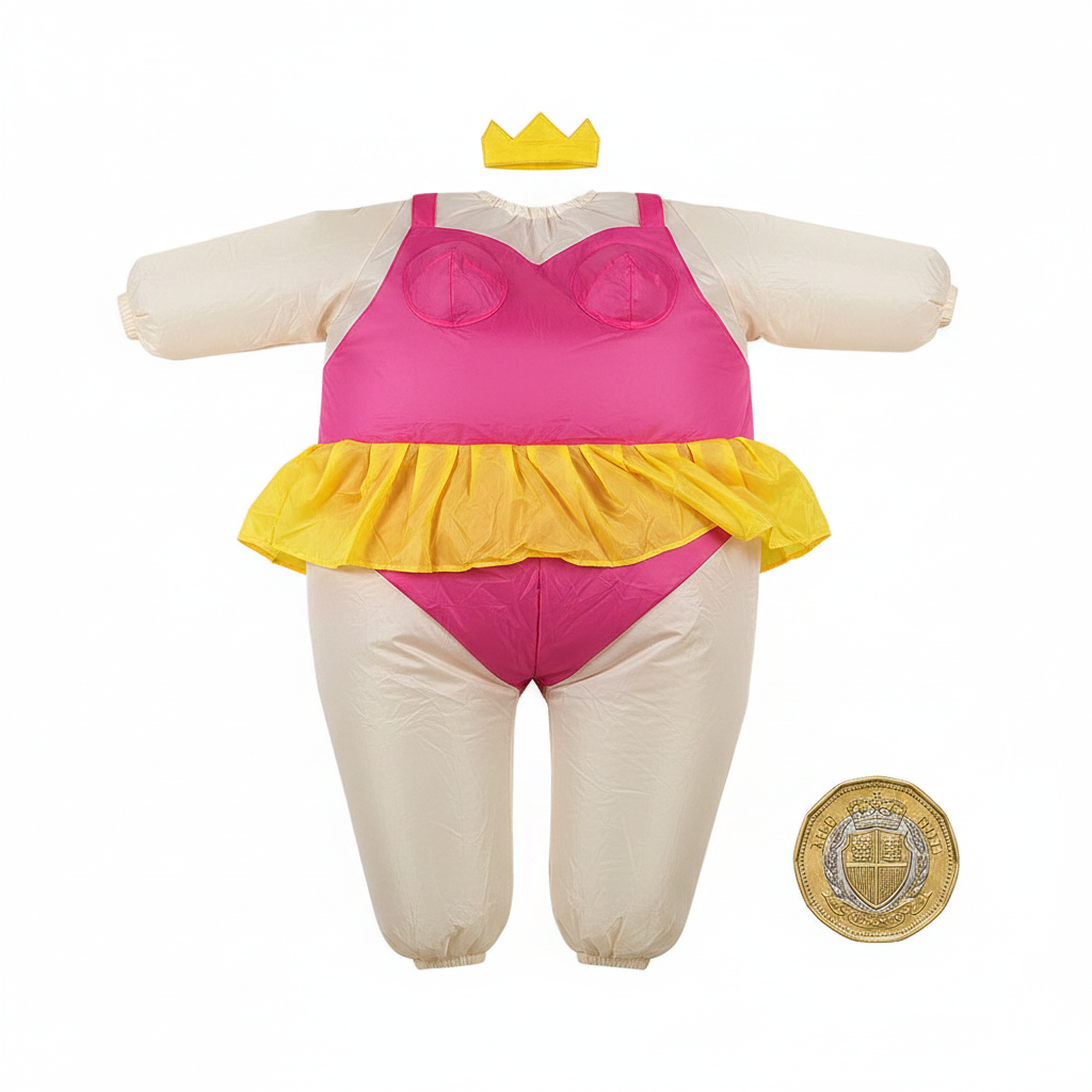 Inflatable Funny Ballerina costume beside a £1 coin on white background showing product size