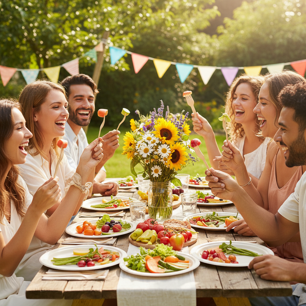Friends using eco birchwood wooden forks at a vibrant outdoor garden party