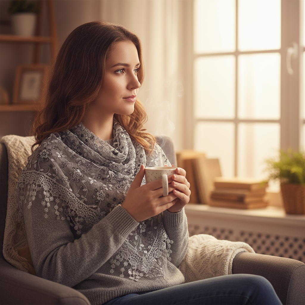 Woman wearing grey lace triangle scarf at home by a window with a cup of tea, cosy warm interior setting